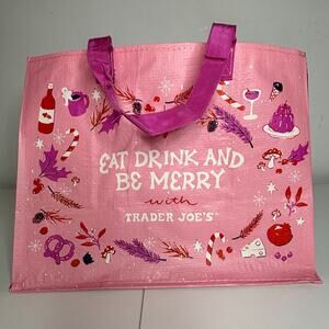 Trader Joe's Eat Drink Be Merry Pink Christmas Grocery Holiday Gift Tote Bag NWT